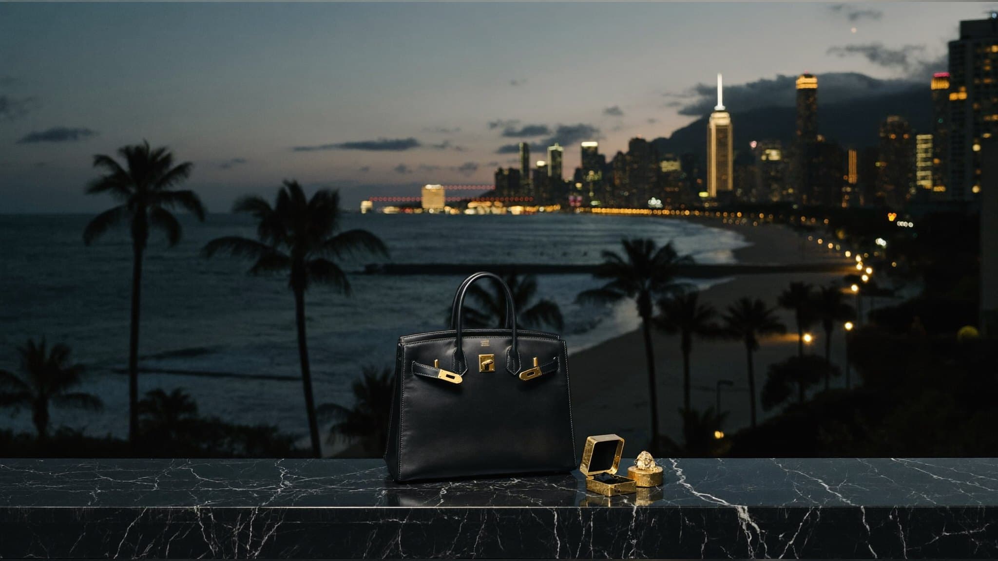 A Miami terrace at dusk with a black leather handbag and an open jewelry case on a marble table