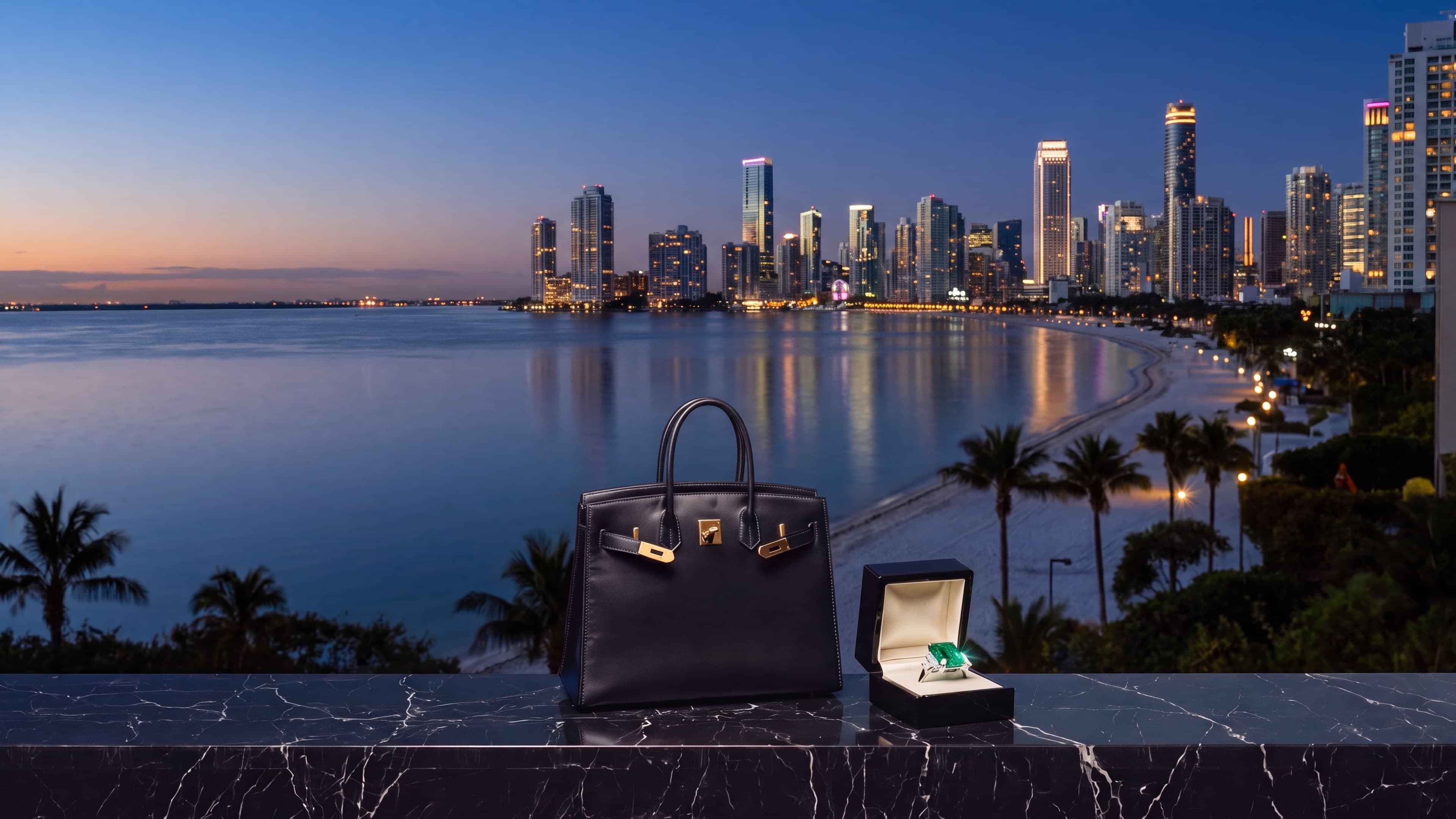 The Brickell skyline across Biscayne Bay at dusk: a black leather handbag beside an emerald and diamond ring in an open lacquer box on a black marble ledge