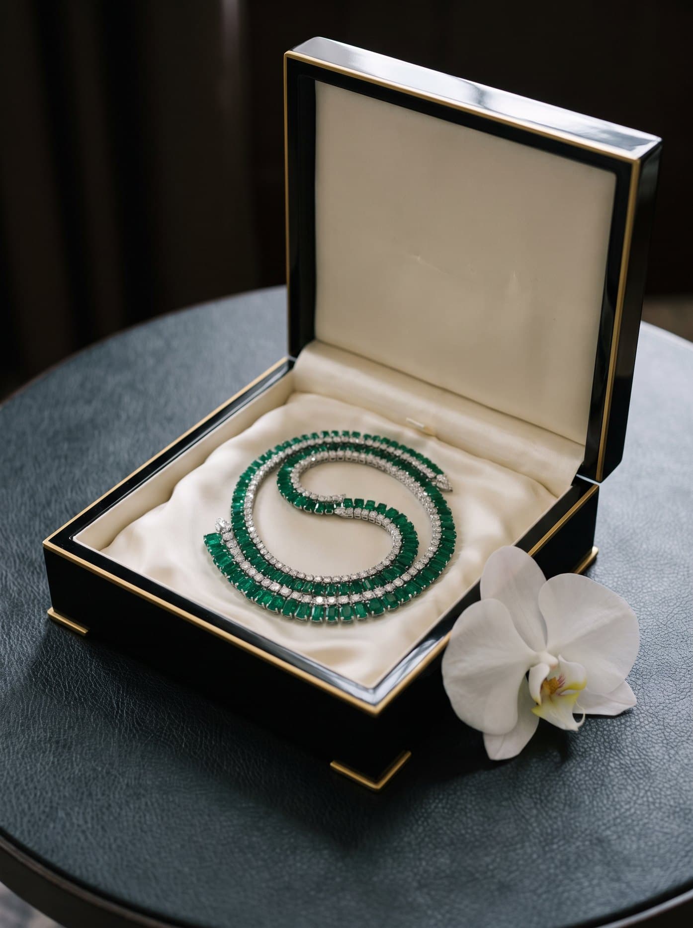 An emerald and diamond necklace coiled on ivory silk inside a black lacquered presentation box, a white orchid beside it