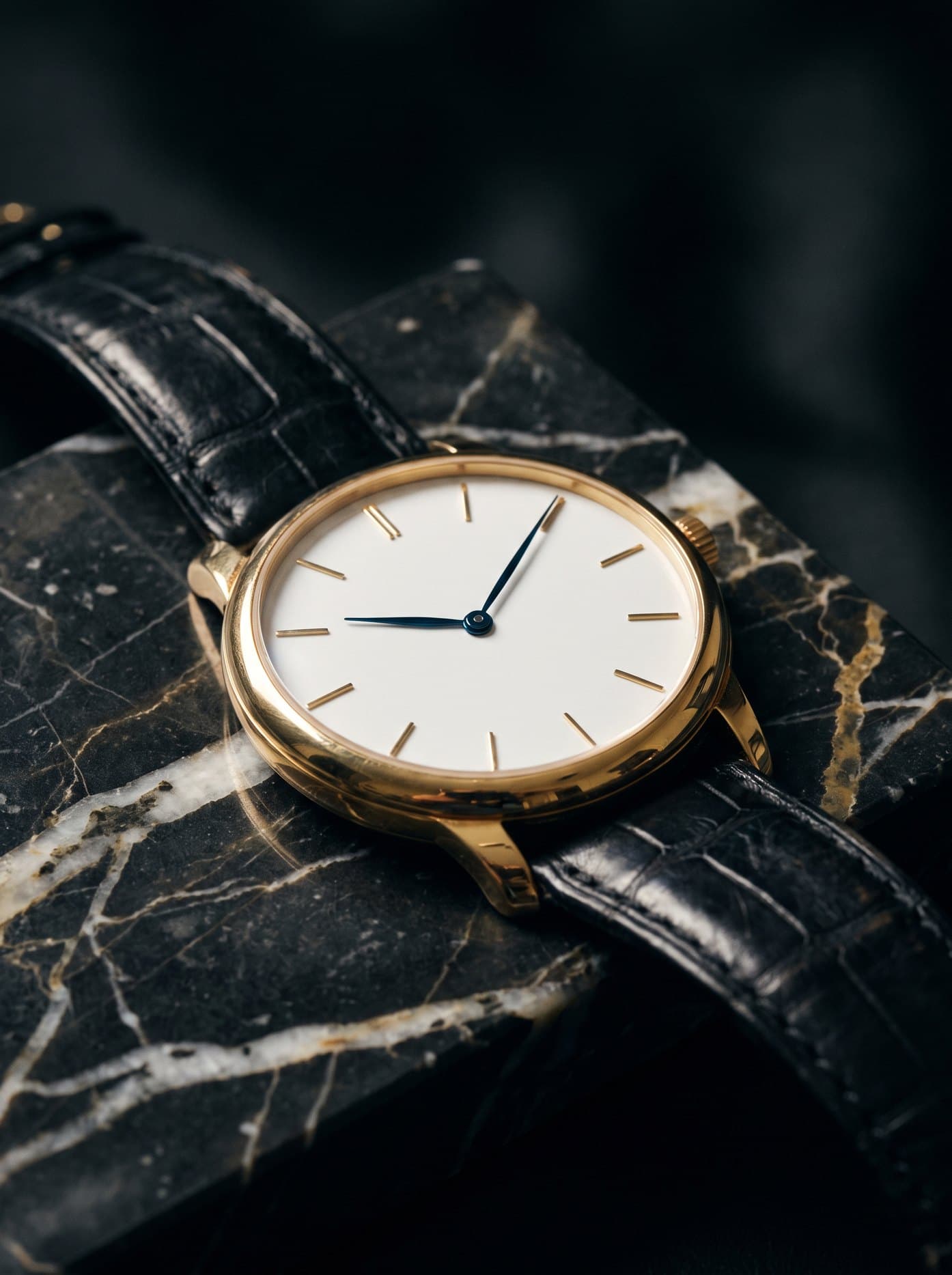 An unbranded yellow gold dress watch with a plain white dial on black marble